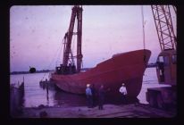 launching 86' trawler, bow